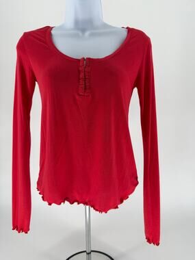 SO Womens Small Red Long Sleeve Henley Lettuce Hem Stretch Knit Top Casual